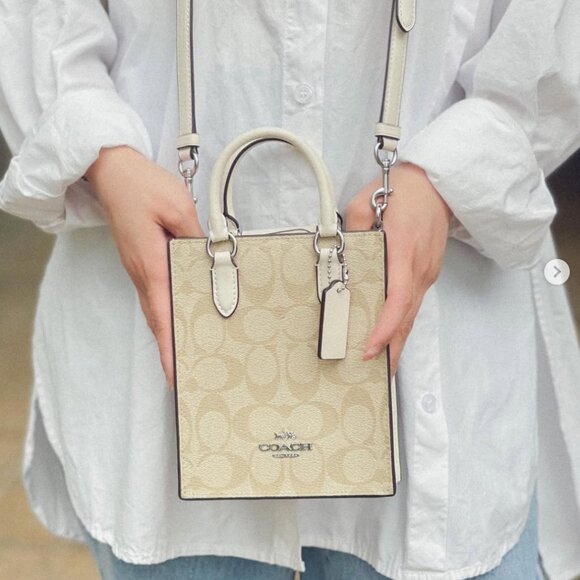 NWT COACH Crossbody Bag Mini Tote In Signature Canvas - CJ494 Light Khaki/Chalk